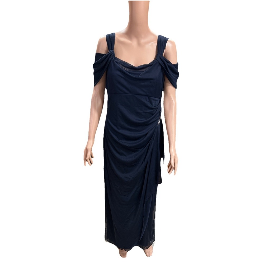 Alex Evening women's Dress 12p Long Gown With Slit Cold Shoulder 232902 Navy